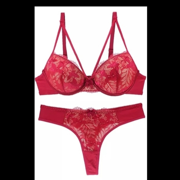 Dainafang Deep Red with Satin Lace and Fine Silver Stitching Bra and Panty set - Picture 5 of 13